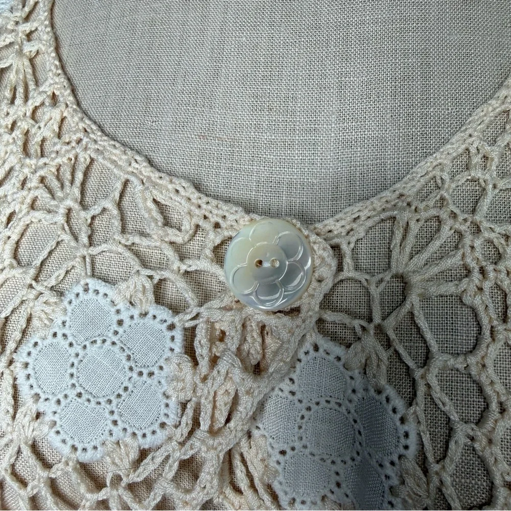 Vintage Cream Crochet Cardigan with White Flower Accents Open Knit Boho Festival
